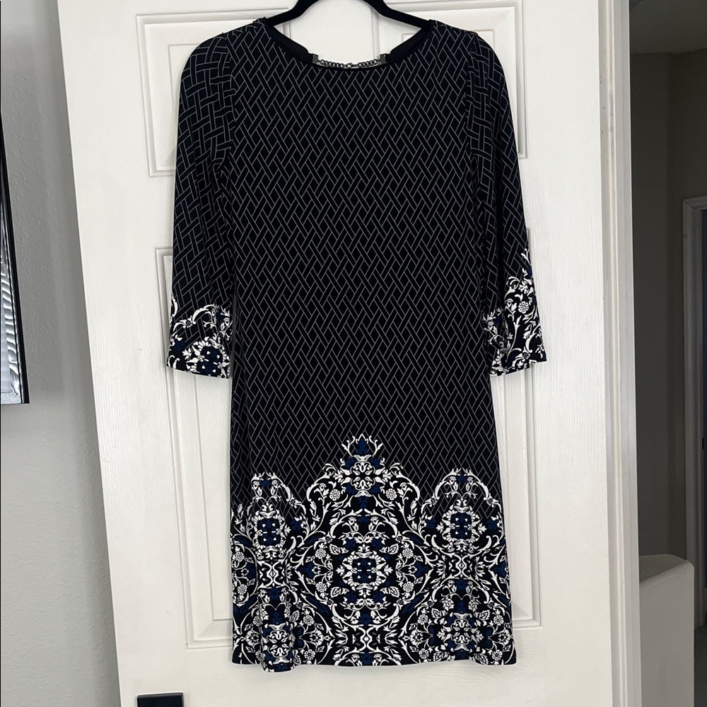 White House Black Market Black and White Long Sleeve Patterned Dress